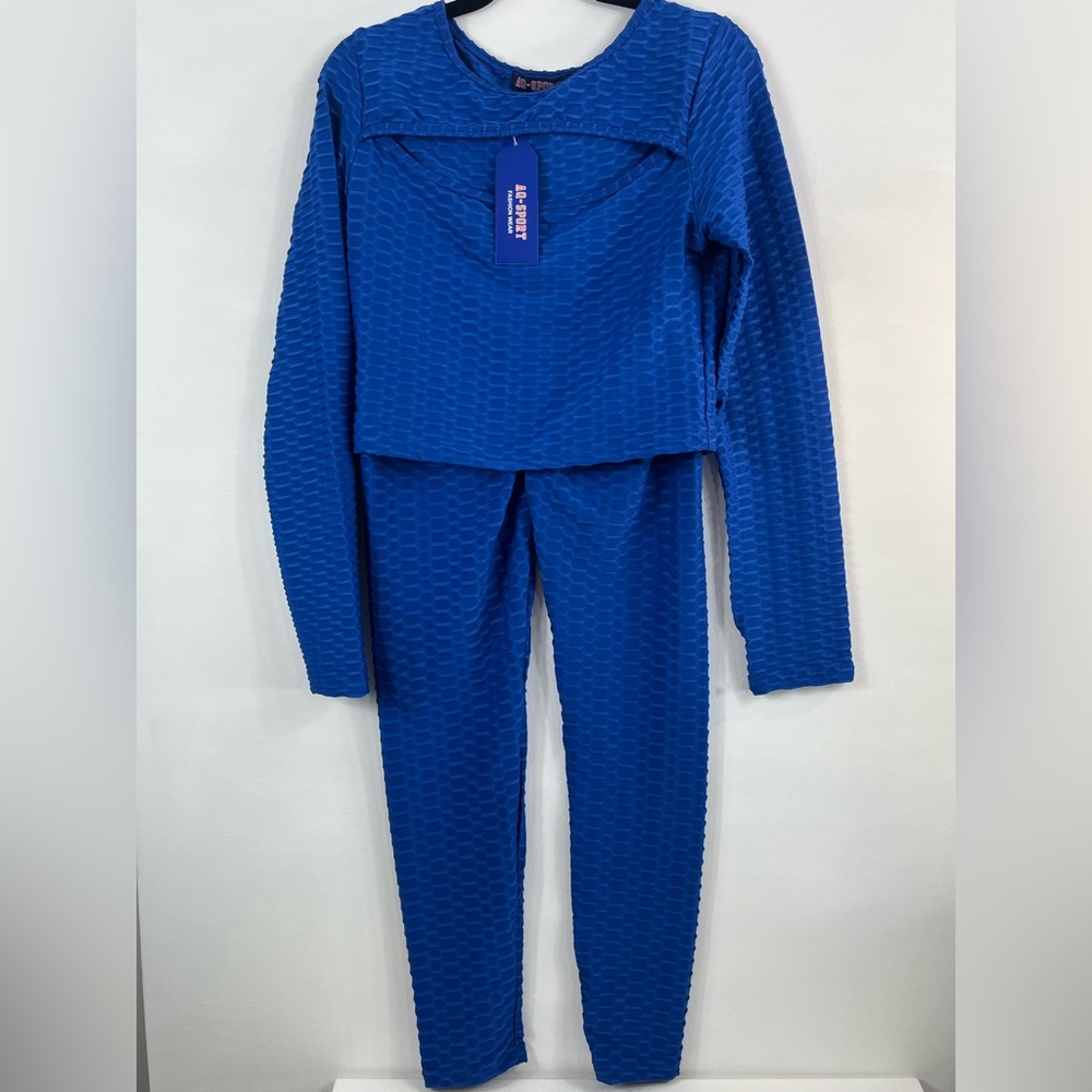 AQ Sport 2pc Set Honeycomb Textured Crop Top Leggings Royal Blue Cutout Sz L NWT